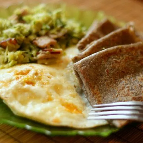 Buckwheat Crêpes with Fried Eggs + Sauteed Brussels Sprouts Hash