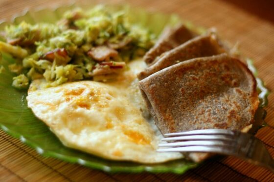 Buckwheat Crepes, Fried Eggs, and Brussels Sprout Hash | breakfast recipes | gluten-free recipes | brussels sprout recipes | perrysplate.com