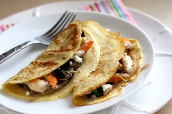 Gluten-Free Crepes with Shrimp, Mushrooms, and Goat Cheese | brunch recipes | gluten-free recipes | shrimp recipes | mushroom recipes | perrysplate.com