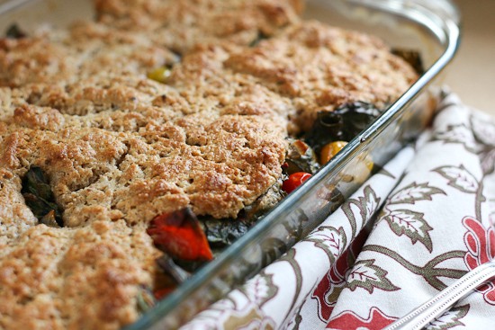 Tomato and Chard Cobbler | vegetarian recipes | gluten-free recipes | tomato recipes | summertime recipes | perrysplate.com