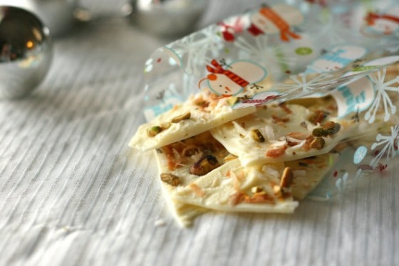 No-Fuss Holiday Treats to Give - www.PerrysPlate.com White Chocolate Coconut Pistachio Bark - www.PerrysPlate.com