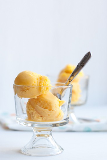 5-Minute Mango Sorbet (in the blender!) - Just a few minutes and 3 ingredients and you'll have a dairy-free, vegan, and paleo-friendly frozen dessert to share! Or not. #notjudging | perrysplate.com
