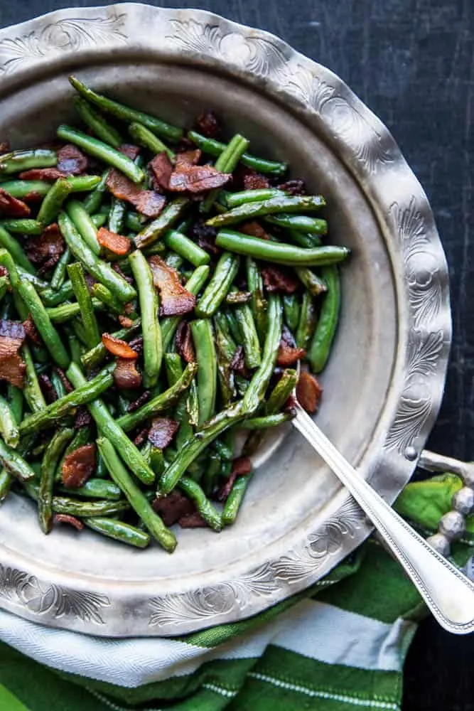 These green beans only have TWO ingredients! They're beyond amazing and will totally upstage whatever main dish you've got. | perrysplate.com #greenbeans #greenbeanrecipe #sidedish