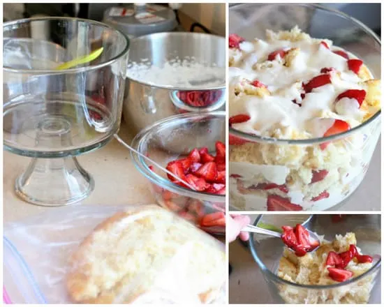 Collage of photos showing how to assemble a trifle. Layering cake, custard, and strawberries in a glass trifle dish.