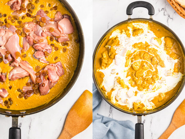 The chicken and raisins get added to the curry sauce along with some coconut milk for creaminess.