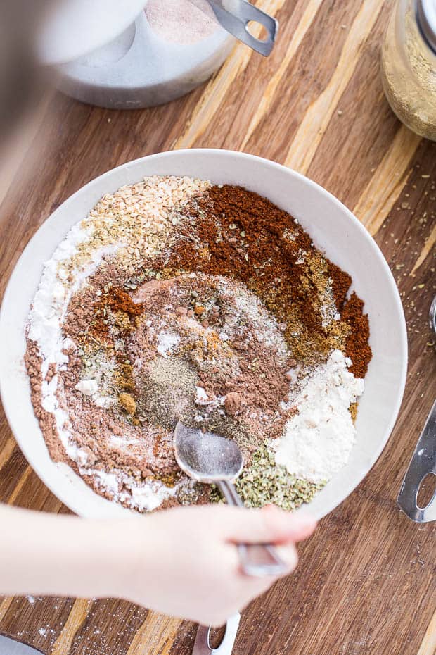 The BEST homemade taco seasoning recipe out there. Honest. And you can tweak it to make it paleo, Whole30 compliant, or keto/low-carb friendly! perrysplate.com #tacoseasoning #homemadetacoseasoning #glutenfree Another shot of the spiced being blended for homemade taco seasoning.