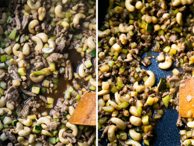 Side by side view of the lettuce wrap filling. The left photo shows the pan with a lot of liquid in the bottom. The right shows what it looks like when the liquid has cooked off.