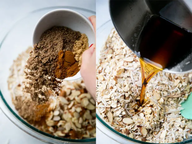 Two-photo collage. The right photo is a small bowl with milled flax and spiced being poured into the large bowl with the oat mixture. The other photos is a shot of the liquid mixture being added.