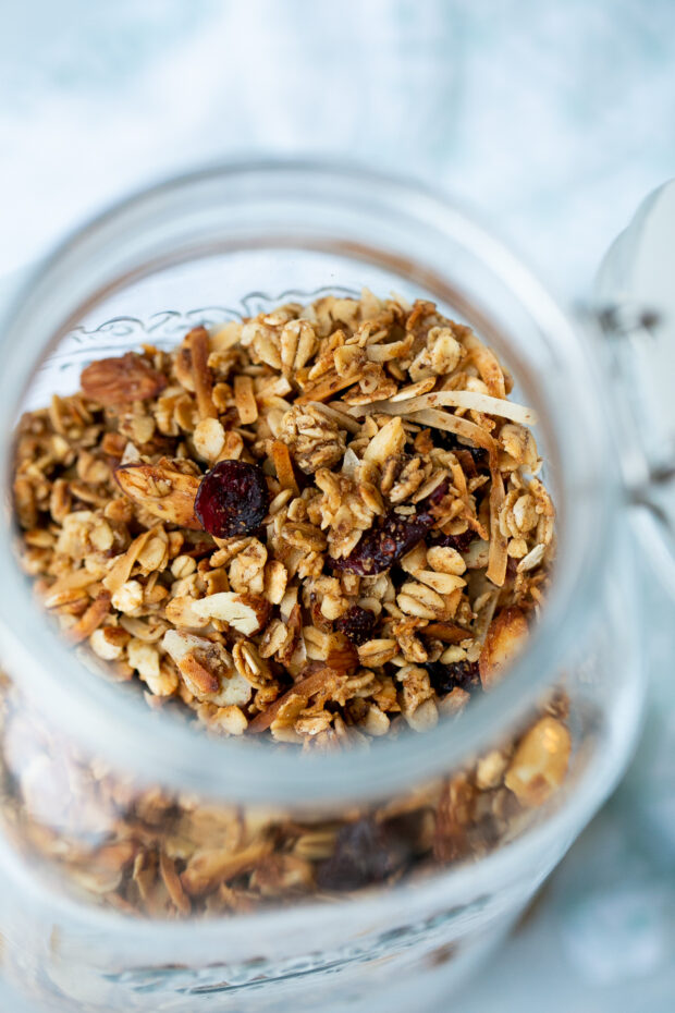 Best Low Sugar Granola in a glass mason jar -- view from the top.