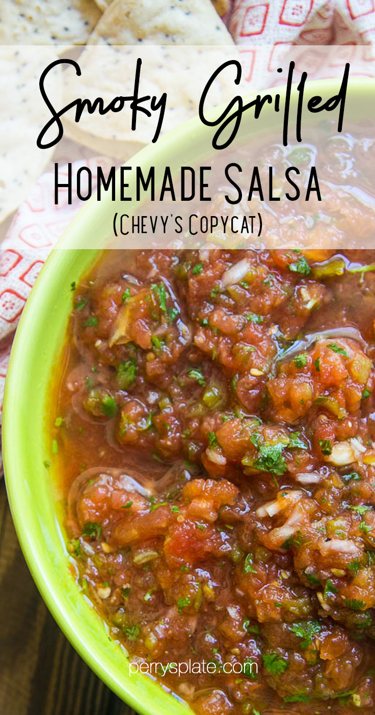 This is our family's favorite salsa! Grilled tomatoes & jalapenos and lots of smoky flavor -- a copycat version of the fresh salsa from Chevy's restaurant. | perrysplate.com #salsa #homemadesalsa #tomatorecipes This is our family's favorite salsa! Grilled tomatoes & jalapenos and lots of smoky flavor -- a copycat version of the fresh salsa from Chevy's restaurant. | perrysplate.com #salsa #homemadesalsa #tomatorecipes