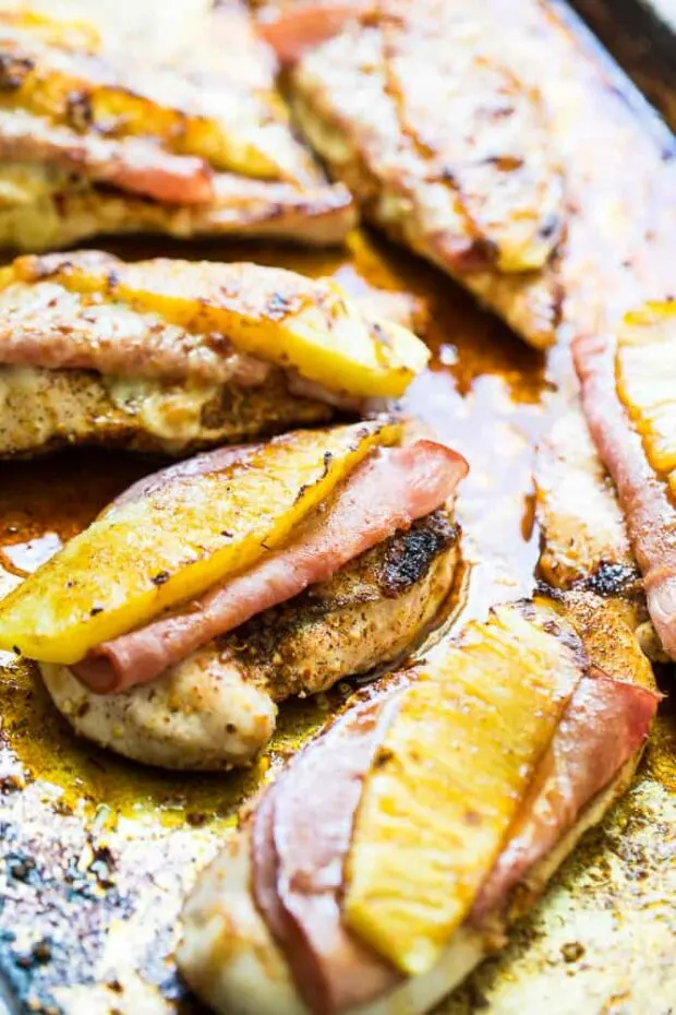 Grilled Malibu Chicken -- Marinated grilled chicken topped with ham & pineapple.