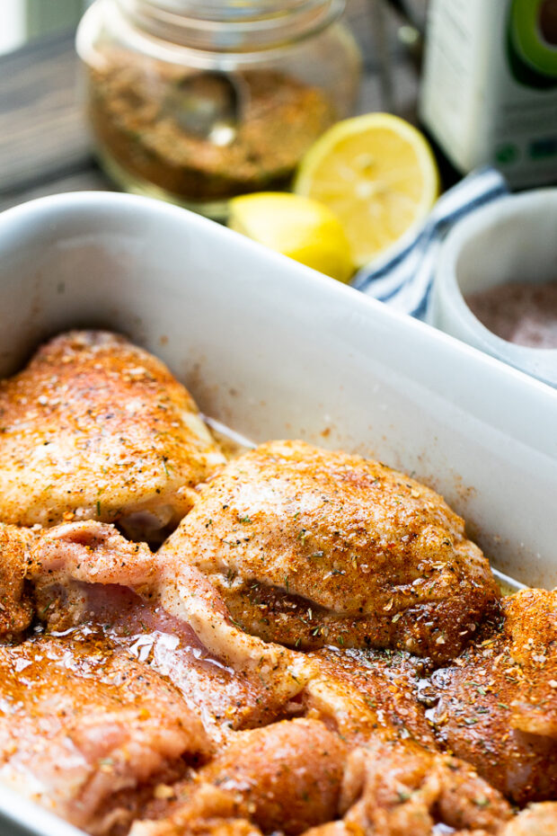 I marinate my chicken ahead of time in a simple mixture of steak seasoning, lemon juice, and oil.