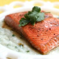 Roast Salmon with Sweet Chipotle Glaze and Hominy Puree