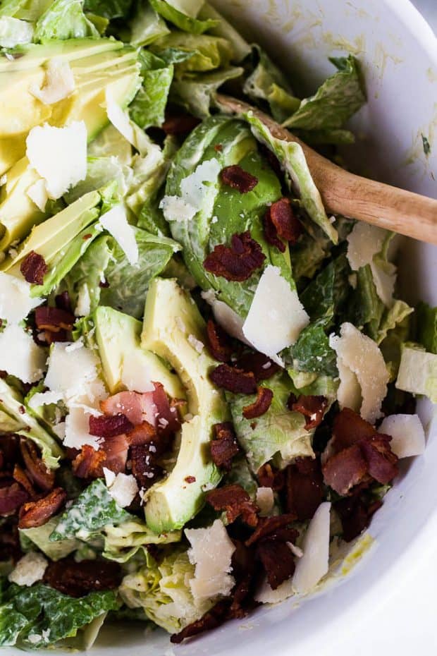 Avocado Bacon Parmesan Salad -- part of our Paleo Meal Plan this week! (Easy to make it dairy free if you aren't primal)