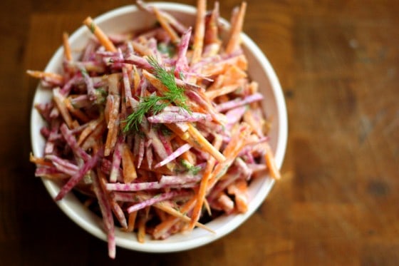 Candy Striped Beet & Carrot Slaw | gluten-free recipes | beet recipes | carrot recipes | perrysplate.com