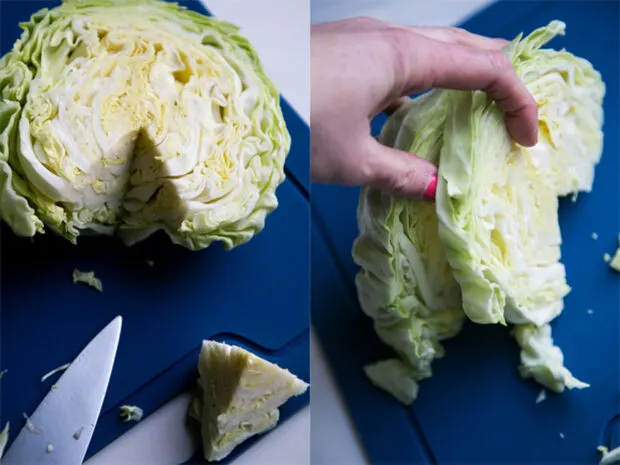 Two photo collage showing how to cut the core out of a cabbage half and how to slice them in to large rounds.