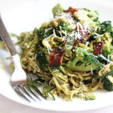 Pesto Zoodles with Bacon & Broccoli