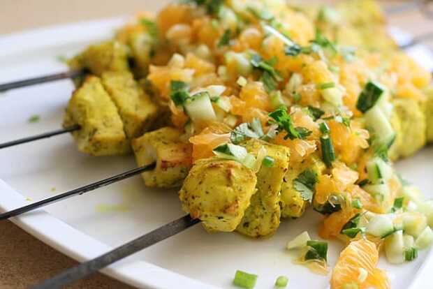 Marinated Chicken Skewers with Clementine Salsa - www.PerrysPlate.com