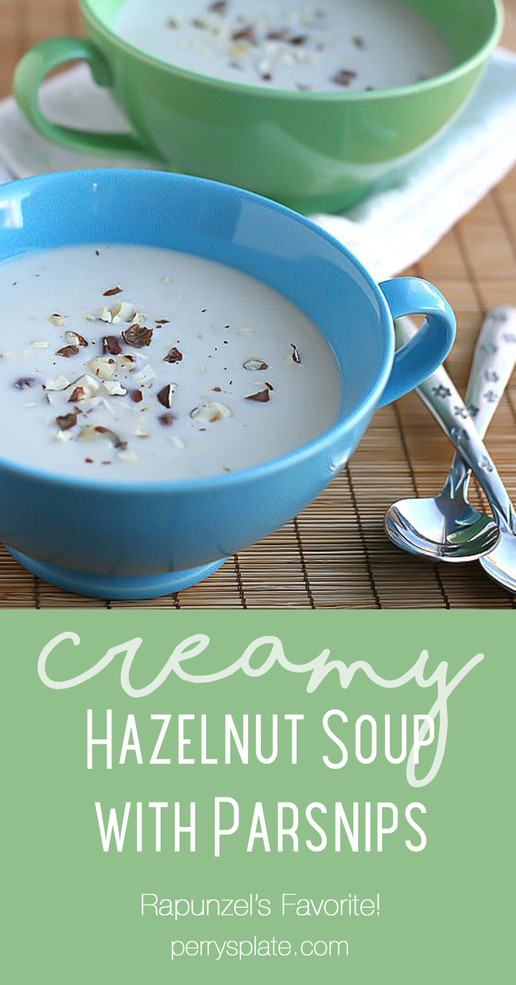 Hazelnut Soup is super creamy and uses parsnips -- just like the soup in Tangled. It's Rapunzel's favorite and it'll be your favorite, too! | perrysplate.com Hazelnut Soup is super creamy and uses parsnips -- just like the soup in Tangled. It's Rapunzel's favorite and it'll be your favorite, too! | perrysplate.com