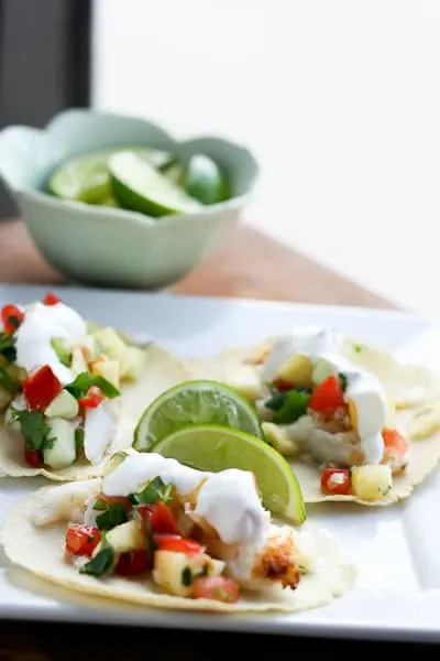 Tropical Fish Tacos with Pineapple Salsa | fish taco recipes | gluten-free recipes | tex-mex recipes | pineapple recipes | perrysplate.com