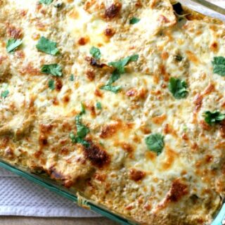 Stacked Chicken & Zucchini Enchiladas with Creamy Green Chile Sauce -- www.PerrysPlate.com