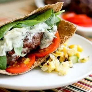 Goat Cheese-Stuffed Burger with Tangy Goat Cheese-Cucumber Dressing