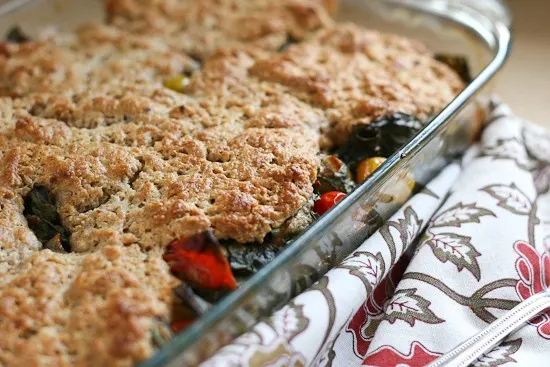 Tomato and Chard Cobbler | vegetarian recipes | gluten-free recipes | tomato recipes | summertime recipes | perrysplate.com