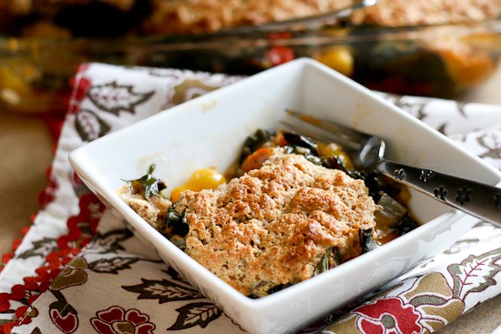 Tomato and Chard Cobbler -- www.PerrysPlate.com Tomato and Chard Cobbler | vegetarian recipes | gluten-free recipes | tomato recipes | summertime recipes | perrysplate.com