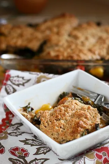 Tomato and Chard Cobbler | vegetarian recipes | gluten-free recipes | tomato recipes | summertime recipes | perrysplate.com