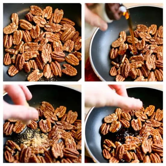 Make these 5-Minute Maple-Ginger Glazed Pecans and throw them on a salad or serve them as a quick little treat at a party! | pecan recipes | paleo recipes | salad toppings | - www.PerrysPlate.com
