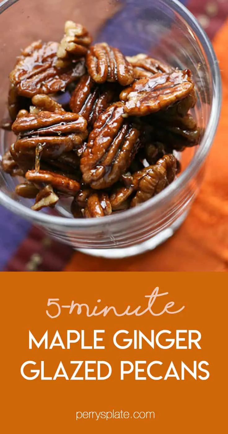 Make these 5-Minute Maple-Ginger Glazed Pecans and throw them on a salad or serve them as a quick little treat at a party! | pecan recipes | paleo recipes | salad toppings | - www.PerrysPlate.com