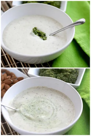 Garlic-Almond Soup with Basil-Almond Pesto -- a silky, creamy soup that won't leave you feeling heavy! perrysplate.com