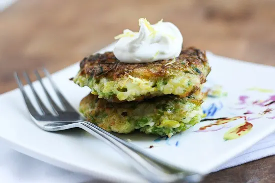 Leek and Brussels Sprout Fritters are great with a dollop of sour cream and some lemon.