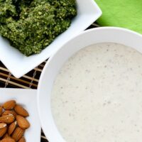 Garlic-Almond Soup with Basil-Almond Pesto