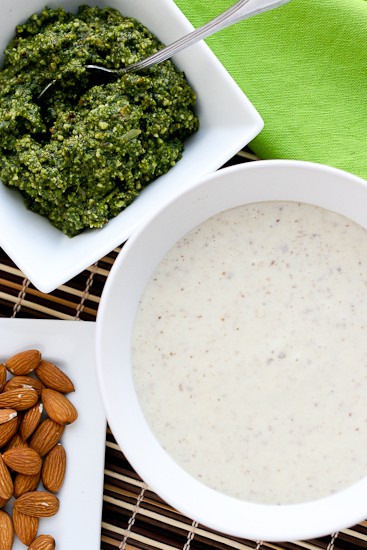 Garlic-Almond Soup with Basil-Almond Pesto -- a silky, creamy soup that won't leave you feeling heavy! perrysplate.com