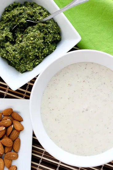 Garlic-Almond Soup with Basil-Almond Pesto -- a silky, creamy soup that won't leave you feeling heavy! perrysplate.com Garlic-Almond Soup with Basil-Almond Pesto -- a silky, creamy soup that won't leave you feeling heavy! perrysplate.com