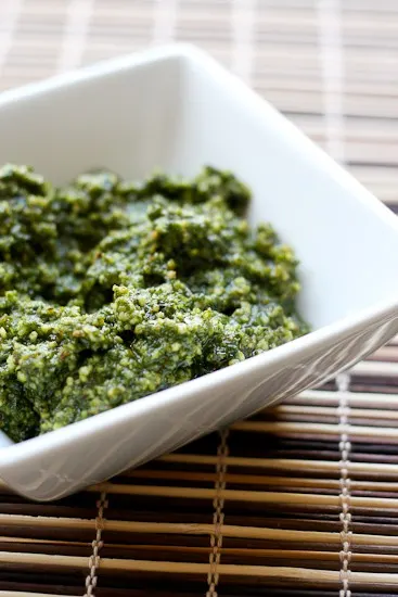 Garlic-Almond Soup with Basil-Almond Pesto -- a silky, creamy soup that won't leave you feeling heavy! perrysplate.com Garlic-Almond Soup with Basil-Almond Pesto -- a silky, creamy soup that won't leave you feeling heavy! perrysplate.com
