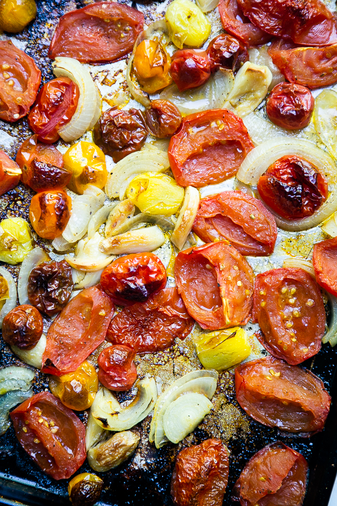 Roasted tomatoes, onions, and garlic to make Roasted Tomato Soup