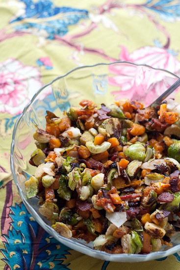 Roasted Brussels & Butternut Squash with Bacon. Everything is nicer with bacon. This Brussels sprout recipe is great as a Thanksgiving recipe, too!