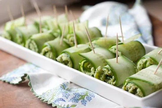 Pesto Shrimp Cucumber Rolls - www.PerrysPlate.com