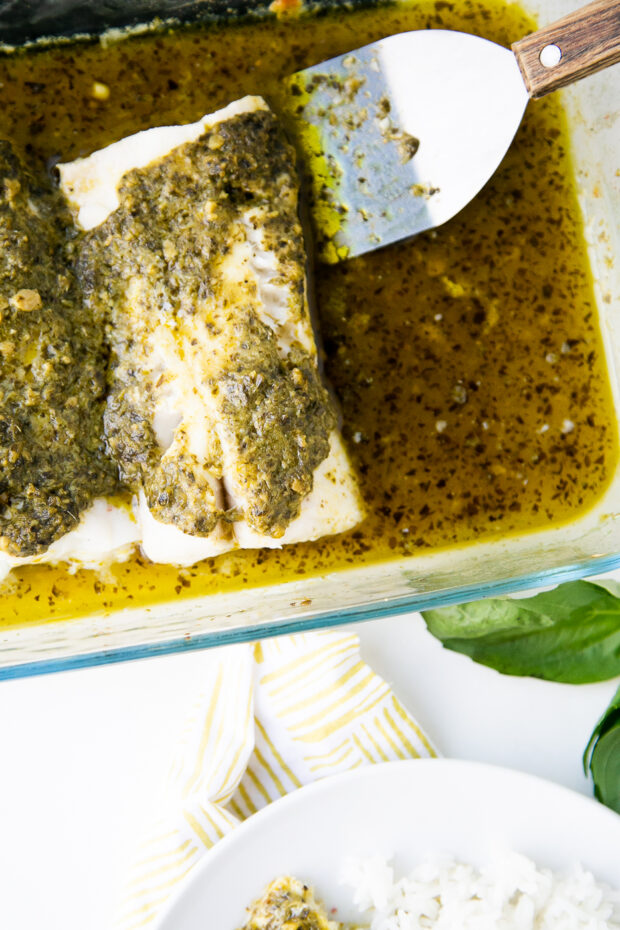 Baked cod in a glass dish.