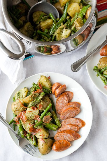 Spring Vegetable Salad with Dill Pesto and Prosciutto | Sun-safe for potlucks! Spring Vegetable Salad with Dill Pesto and Prosciutto