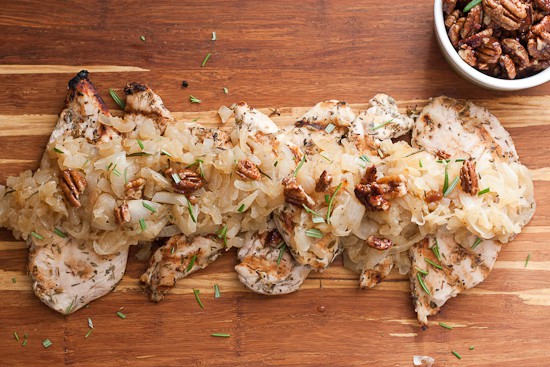 Grilled Herb Chicken and Caramelized Onions | grilled chicken recipes | perrysplate.com