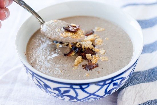 Creamy Paleo Mushroom Soup with Bacon and Cheese Crisps 