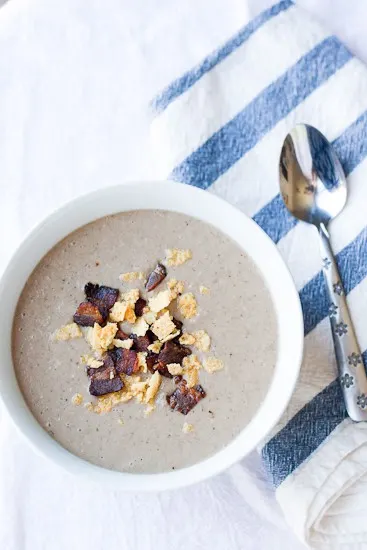 Creamy Paleo Mushroom Soup with Bacon and Cheese Crisps 