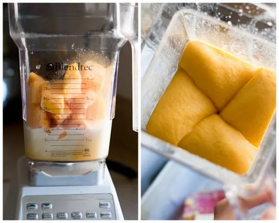 5-Minute Mango Sorbet (in the blender!) - Just a few minutes and 3 ingredients and you'll have a dairy-free, vegan, and paleo-friendly frozen dessert to share! Or not. #notjudging | perrysplate.com