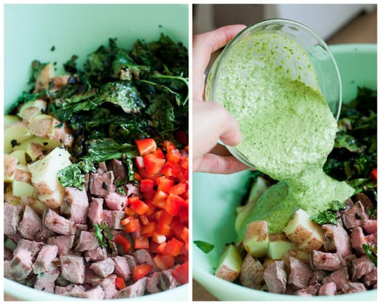 Chimichurri Steak and Potato Salad with Grilled Kale -- A hearty potluck salad that puts regular potato salads to shame. It can stand on its own as a meal! | perrysplate.com