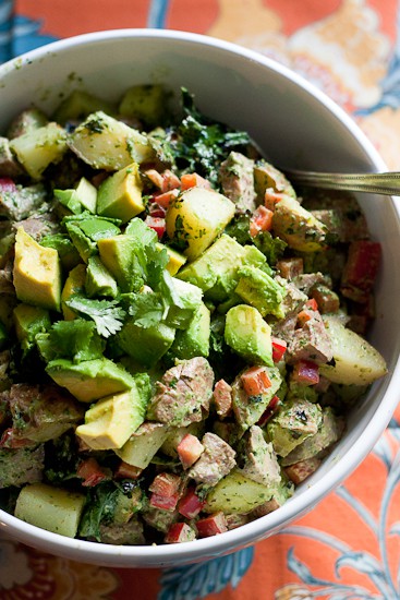 Chimichurri Steak and Potato Salad with Grilled Kale -- A hearty potluck salad that puts regular potato salads to shame. It can stand on its own as a meal! | perrysplate.com Chimichurri Steak and Potato Salad with Grilled Kale -- A hearty potluck salad that puts regular potato salads to shame. It can stand on its own as a meal! | perrysplate.com