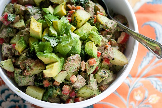 Chimichurri Steak and Potato Salad with Grilled Kale -- A hearty potluck salad that puts regular potato salads to shame. It can stand on its own as a meal! | perrysplate.com