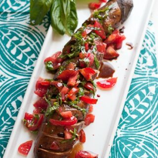 Spicy Garlic Hasselback Eggplant with Tomato-Basil Relish